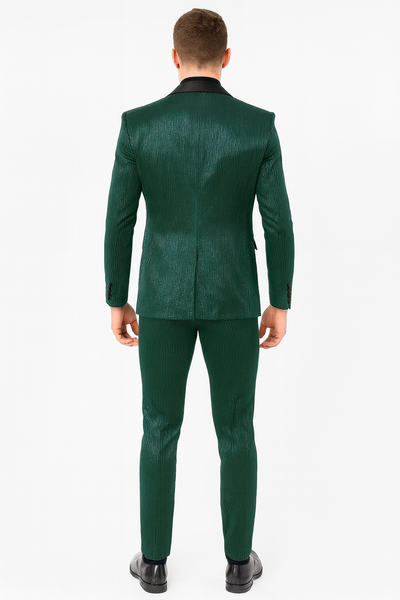 Mens Emerald Green Shiny Stripe Tuxedo Suit – Slim Fit 2-Piece Satin Lapel Dinner Jacket and Pants Ultra slim fit