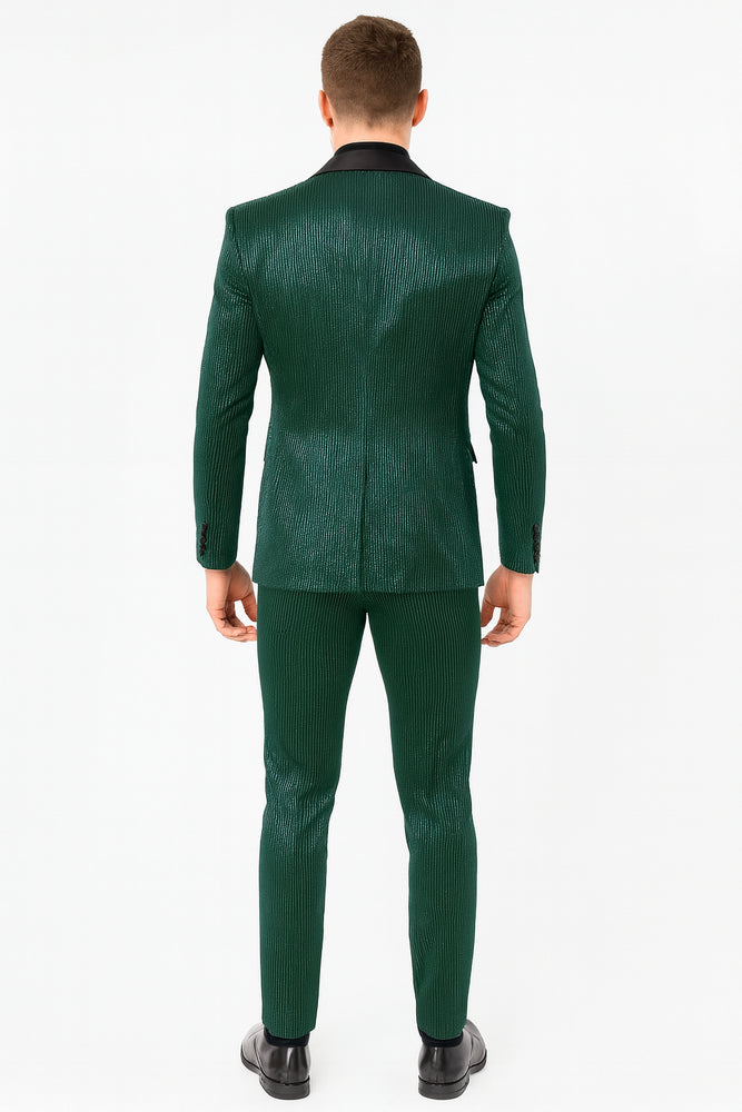Mens Emerald Green Shiny Stripe Tuxedo Suit – Slim Fit 2-Piece Satin Lapel Dinner Jacket and Pants Ultra slim fit