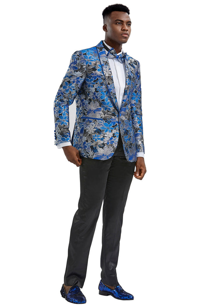 Men's Slim Fit Paisley Prom Tuxedo Jacket in Royal Blue & Black