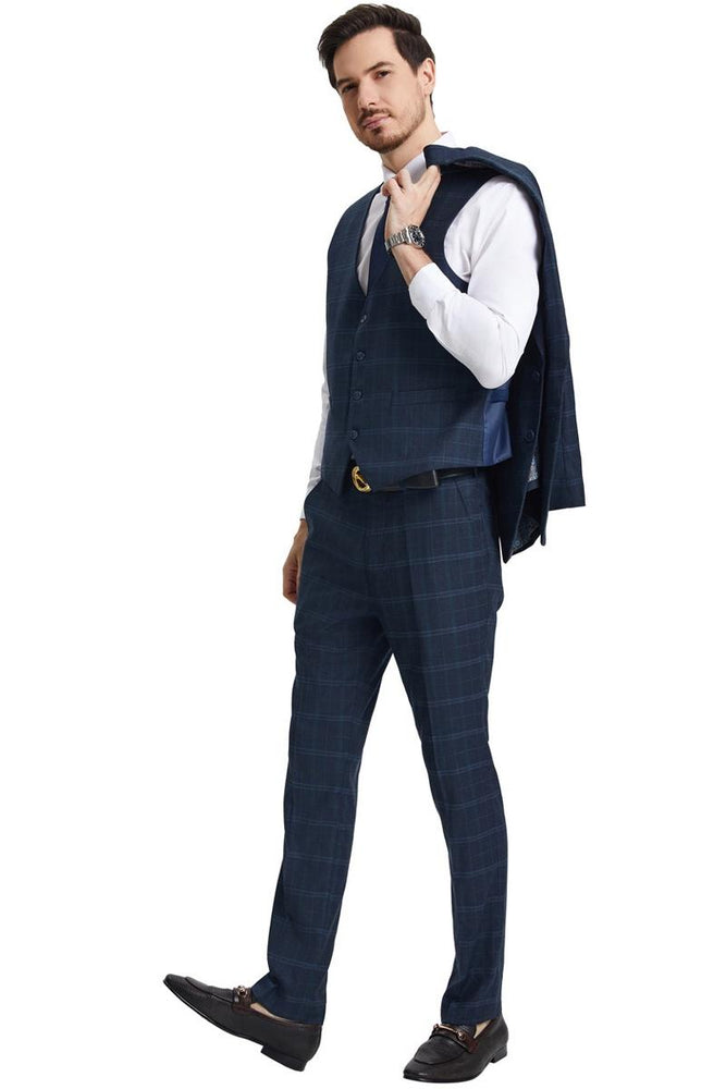 Men's Stacy Adams Vested Modern Fit Windowpane Plaid Suit in Navy Blue