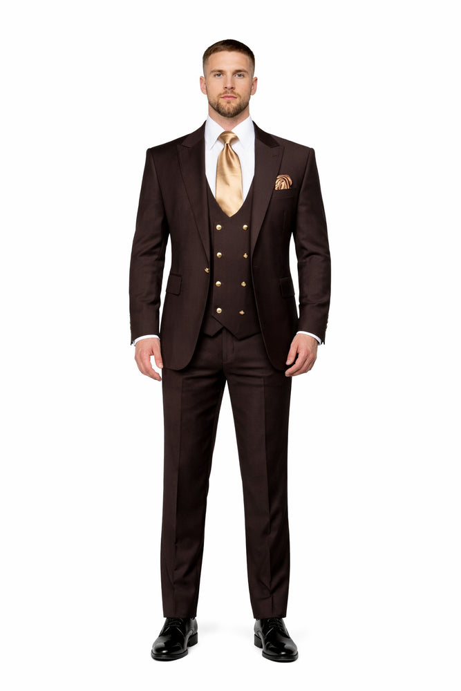 Espresso Brown 3-Piece Luxury Wedding Suit with Gold Accents