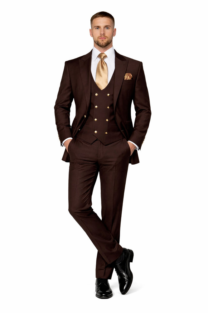 Espresso Brown 3-Piece Luxury Wedding Suit with Gold Accents