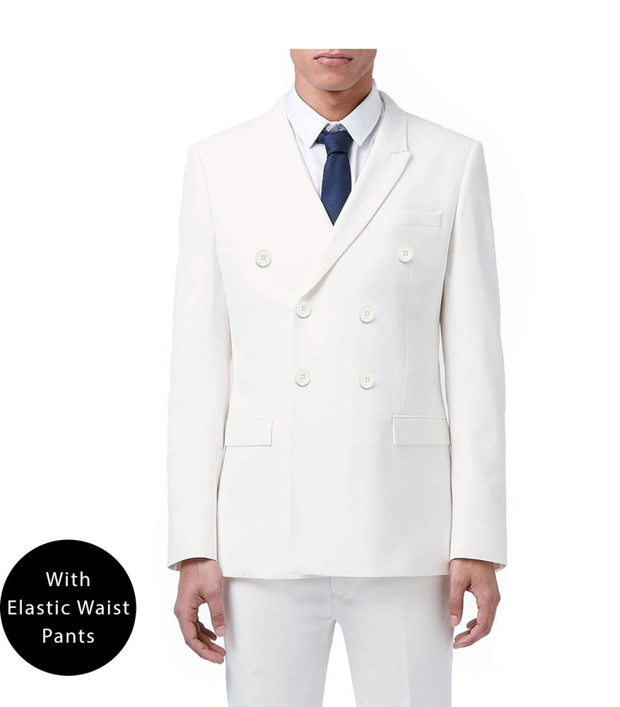 White Regular Fit Double Breasted 2 Piece Suit with Flexible Elastic Waistband