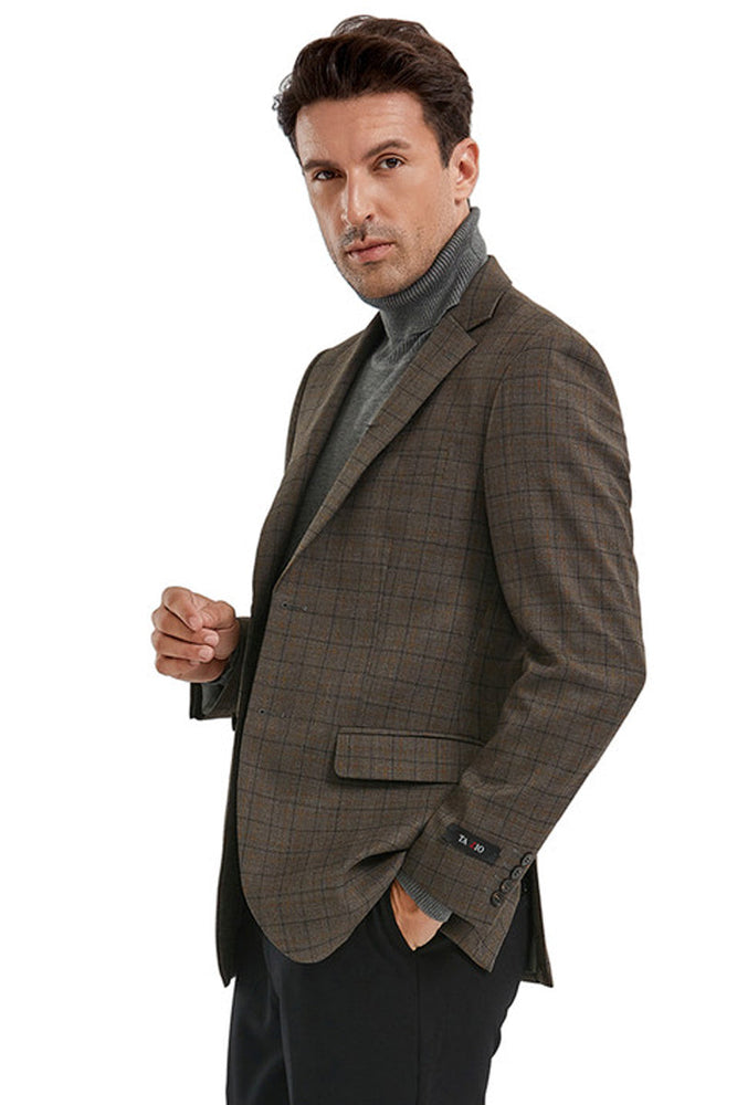 Men's Slim Fit Bronze Windowpane Sport Coat in Camel