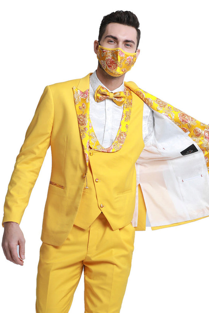 Men's Gold Floral Vested Tuxedo for Prom & Weddings