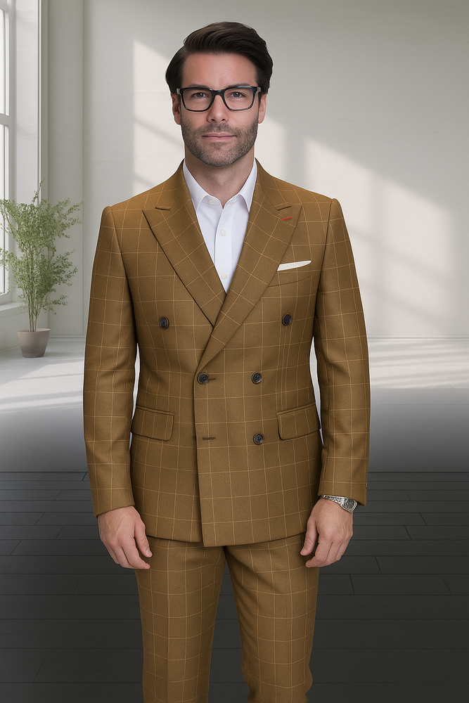 Men's Double Breasted Suits Black Plaid Window Pane Wool Fabric