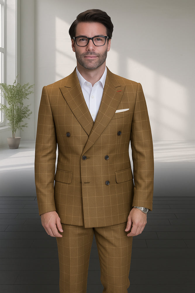 Men's Double Breasted Suits Black Plaid Window Pane Wool Fabric