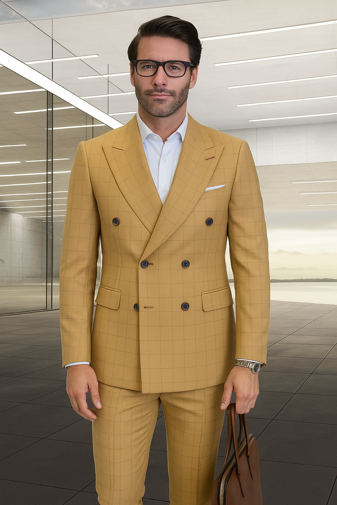 Men's Double Breasted Suits Plaid Window Pane Wool Fabric