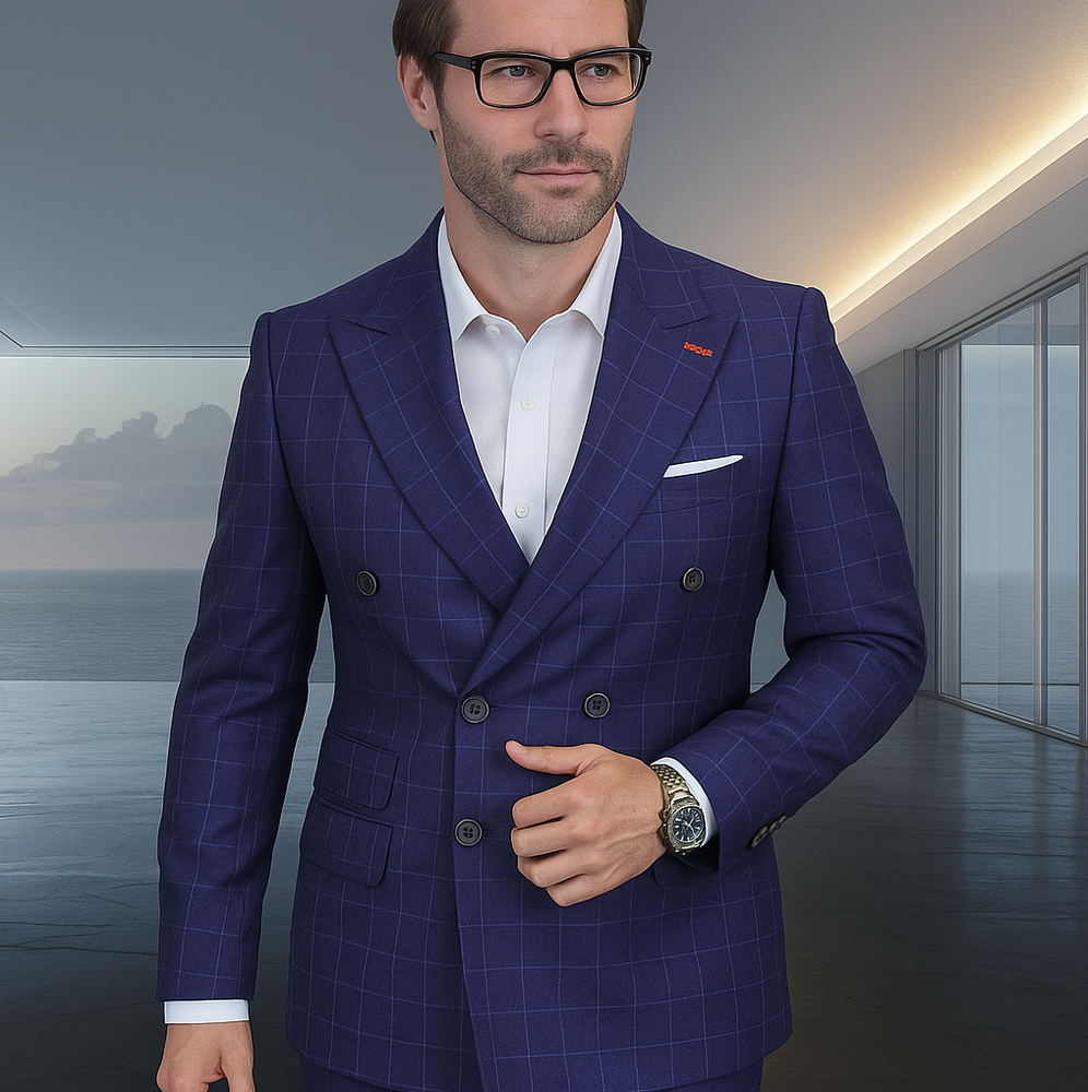 Men's Double Breasted Suits Plaid Window Pane Wool Fabric