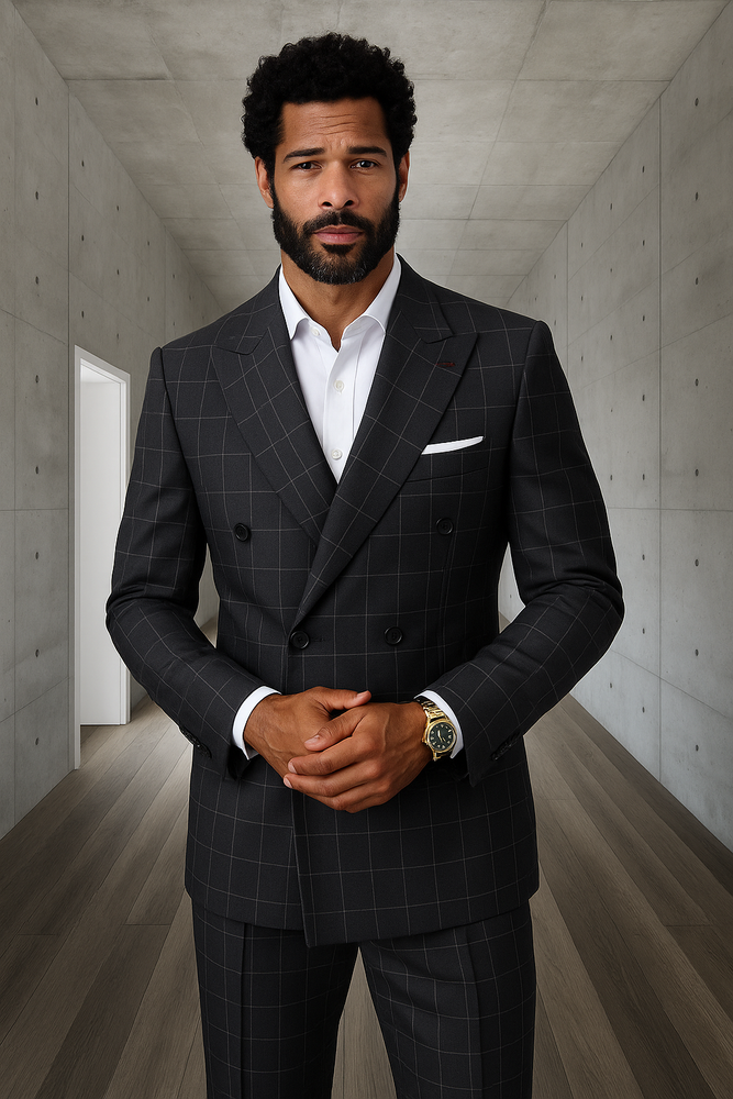 mens-double-breasted-suits plaid-window