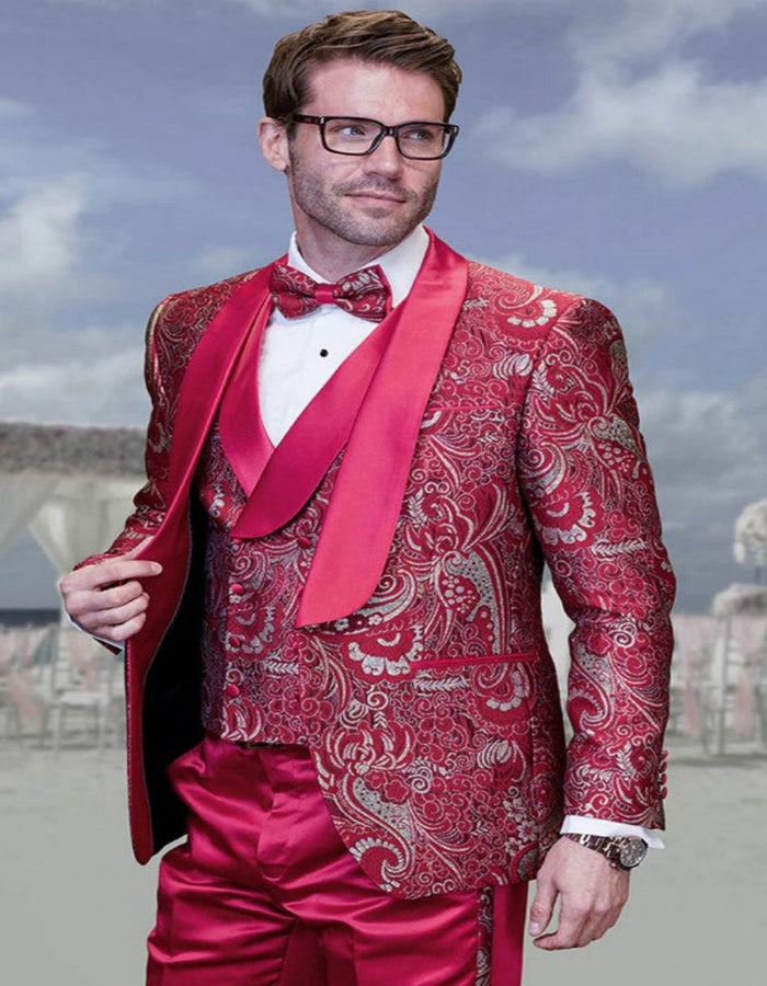 Mens One Button Paisley Vested Prom 2026 and Wedding Tuxedo in Red