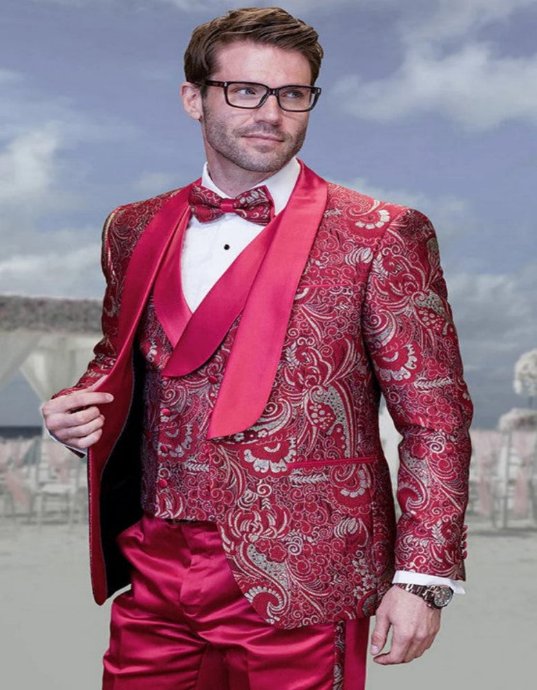 Mens One Button Paisley Vested Prom 2025 and Wedding Tuxedo in Red