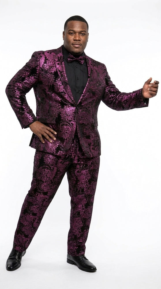 Men’s Black and Deep Pink Floral Tuxedo Suit, Slim Fit 2 Piece Formal Prom Wedding Suit with Bow Tie
