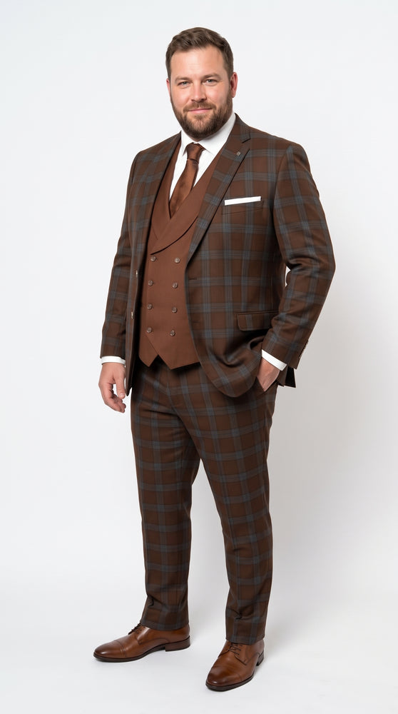 Statement Men’s Brown Plaid 3 Piece Wool Suit, Classic Fashion Suit with Double Breasted Vest