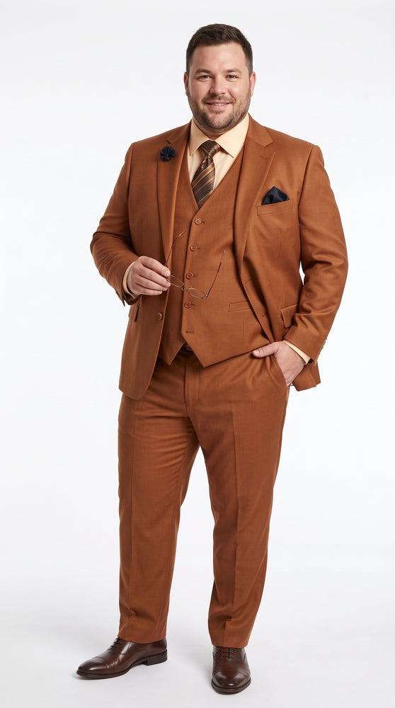 Men’s Copper Rust 3 Piece Vested Suit, Solid 2 Button Formal Wedding Business Suit
