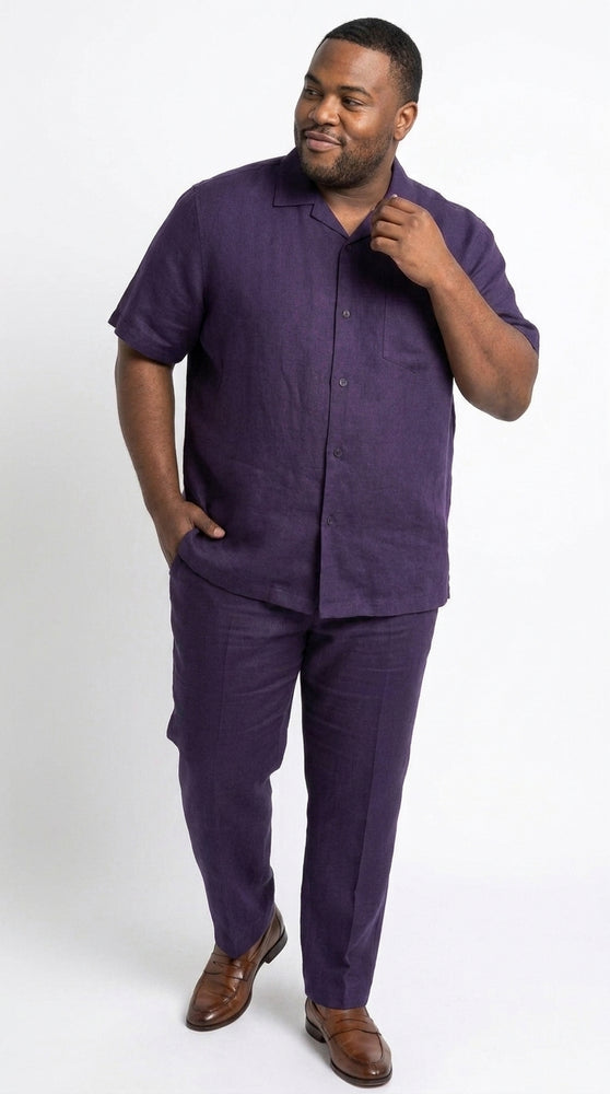 Men’s Dark Navy Linen Walking Suit, Short Sleeve Shirt and Pants Casual Summer Set