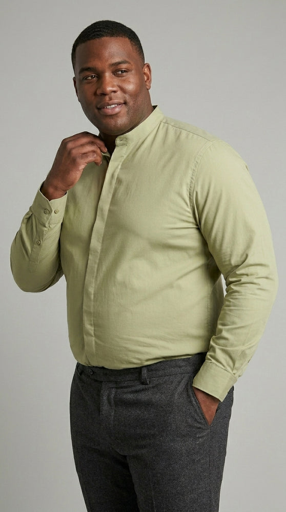 Men’s Tan Mandarin Collar Dress Shirt, Collarless Banded Collar Formal Preacher Shirt