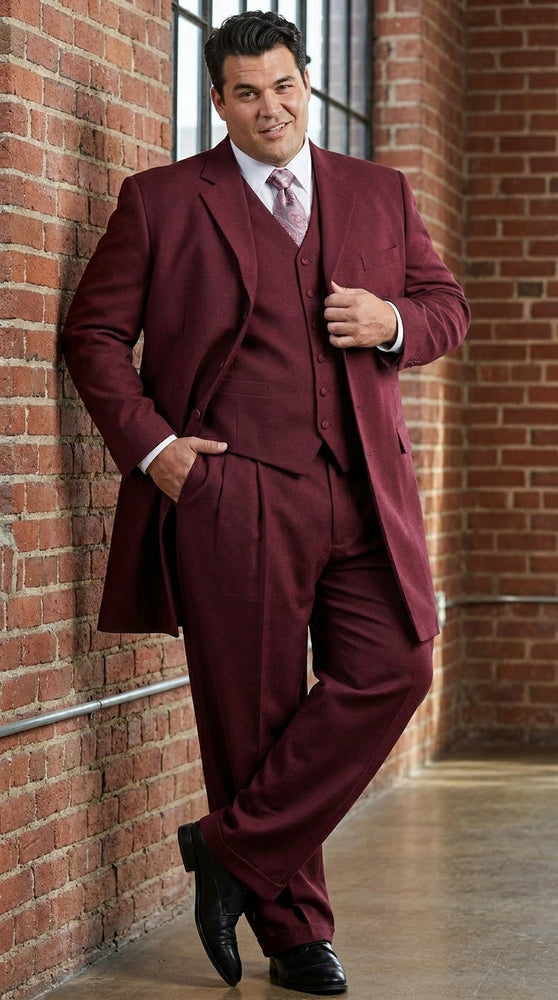 Men’s Burgundy Maroon Zoot Suit with 38 Inch Long Jacket, Wine Color 3 Piece Fashion Suit