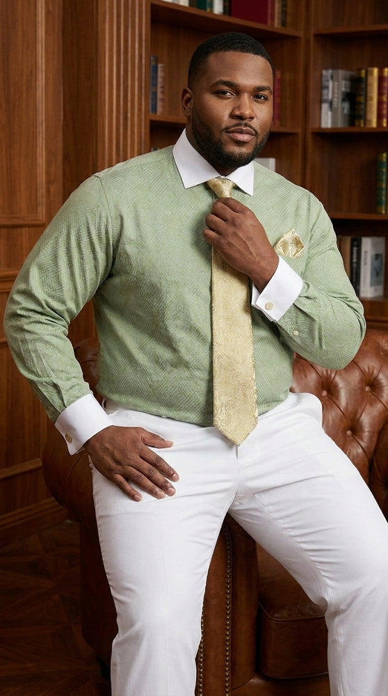 Men’s Apple Green Mini Plaid French Cuff Dress Shirt with Tie and Handkerchief, White Collar Contrast Shirt