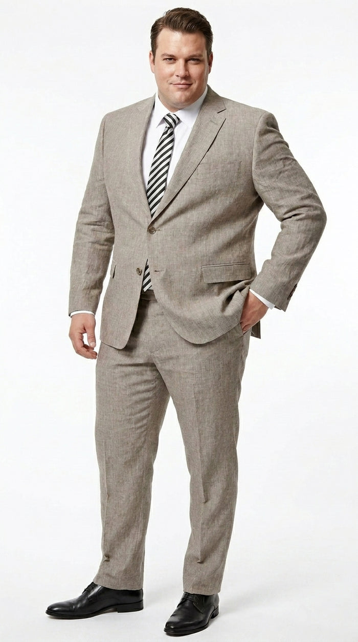 Men’s Dark Tan Taupe 100% Linen Suit with 2 Button Jacket and Flat Front Pants