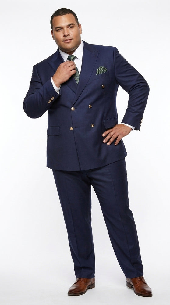 Men’s Navy Blue Double Breasted Suit, Slim Fitted Cut Formal Business Wedding Suit with Flat Front Pants