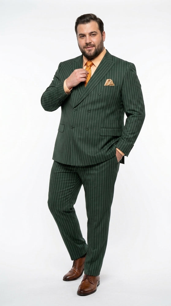 Rockefeller Collection Men’s Hunter Green Double Breasted Pinstripe Suit, Regular Fit 2 Piece Formal Business Suit Set