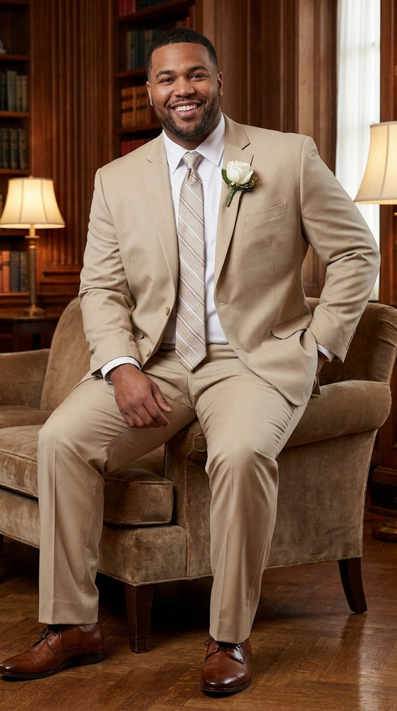 Men’s Tan Big and Tall Linen Suit – Lightweight Beach Wedding and Summer Formal Suit