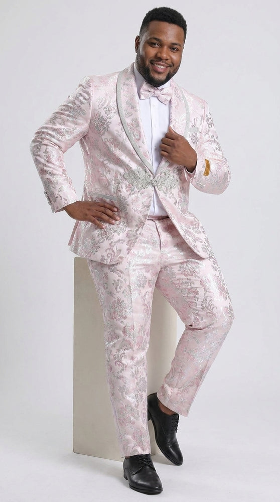 Men’s Pink Floral Paisley Prom Tuxedo with Silver Trim, Fancy Wedding Party Dinner Jacket Suit