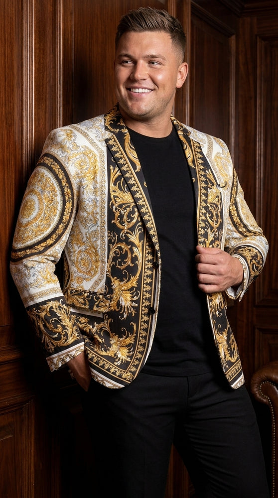 Men’s Black and Gold Baroque Print Blazer – Luxury Yellow Pattern Sport Coat for Wedding, Prom and Party