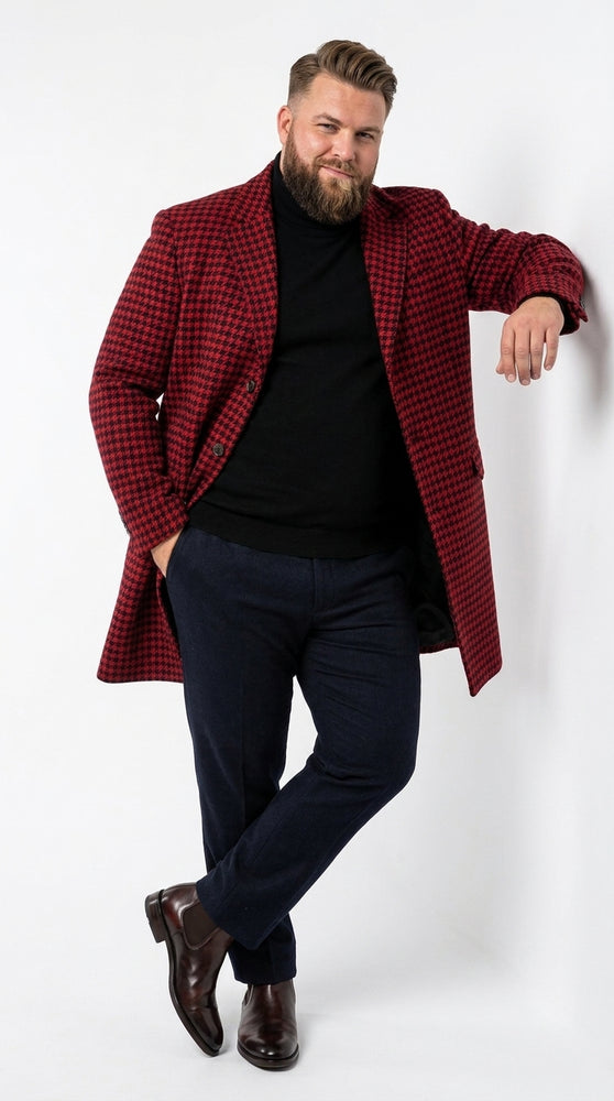 Men’s Red and Black Plaid Peacoat – Wool-Blend Houndstooth Winter Overcoat