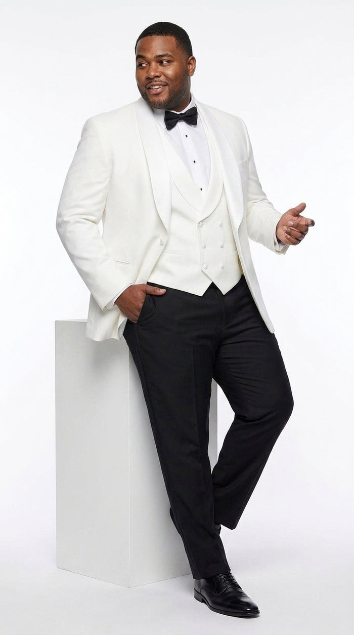 Men’s White 3-Piece Tuxedo Suit – Wide Shawl Lapel Wedding, Prom and Formal Suit