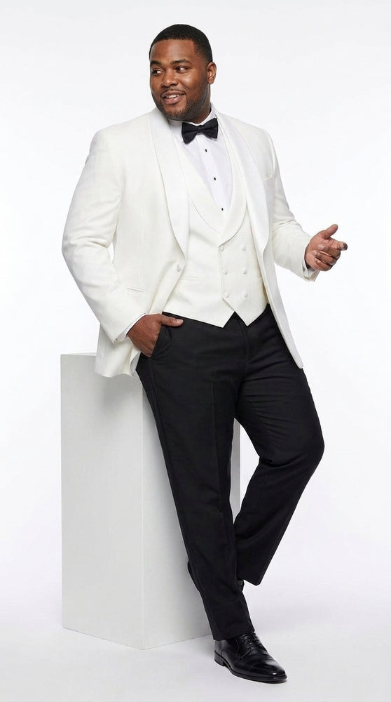 Men’s White 3-Piece Tuxedo Suit – Wide Shawl Lapel Wedding, Prom and Formal Suit