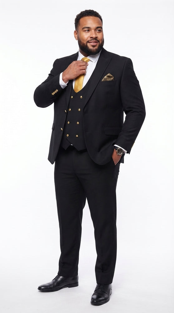 Men’s Black Slim-Fit 3-Piece Suit with Gold Buttons – Double-Breasted Vest Wedding and Formal Suit