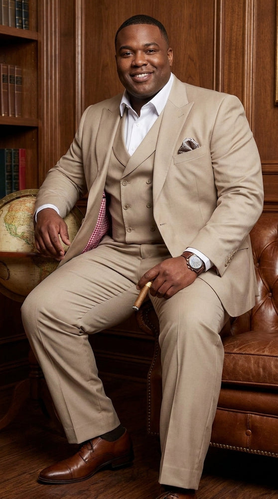 Tiglio Rosso Men’s Tan 3 Piece Italian Wool Suit, Classic Fit Peak Lapel Wide Leg Dress Suit