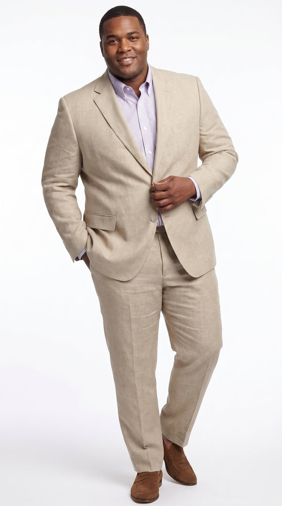 Men’s Beige Natural Big and Tall Linen Suit, Summer Wedding and Business Dress Suit