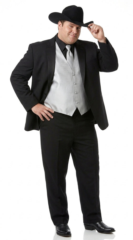 Men’s Black Western Cowboy Suit, Country Wedding Tuxedo with Silver Vest