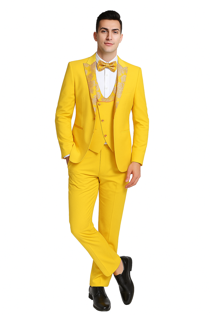 Radiant Golden Bloom Mens 3-Piece Suit with Floral Peak Lapel