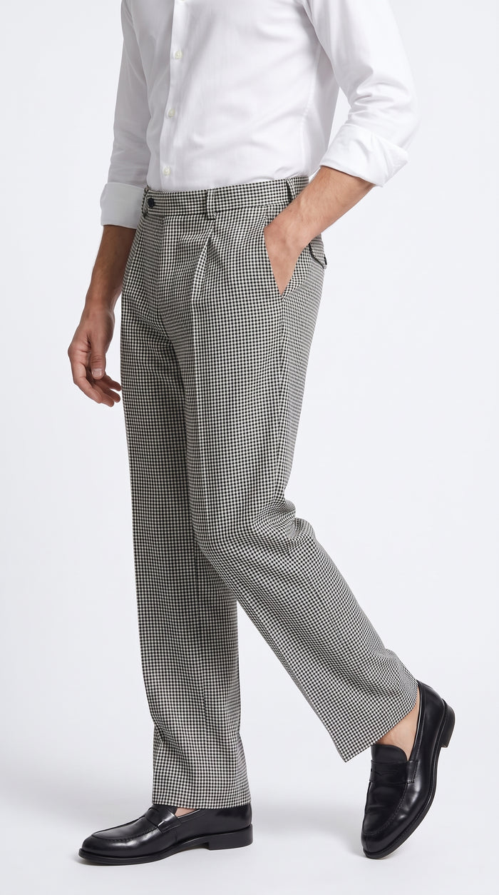 Men’s Black and White Houndstooth Wide Leg Pants with Matching Double Breasted Vest, 100% Wool Checker Dress Set