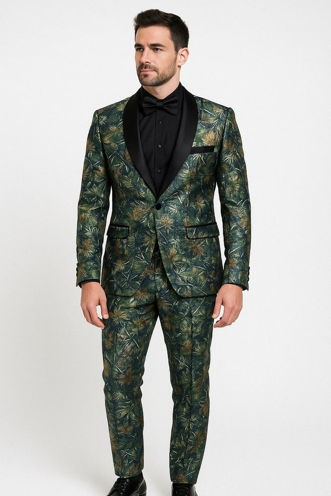 Mens Forest Camo Print Blazer with Black Satin Lapel Tuxedo - Green