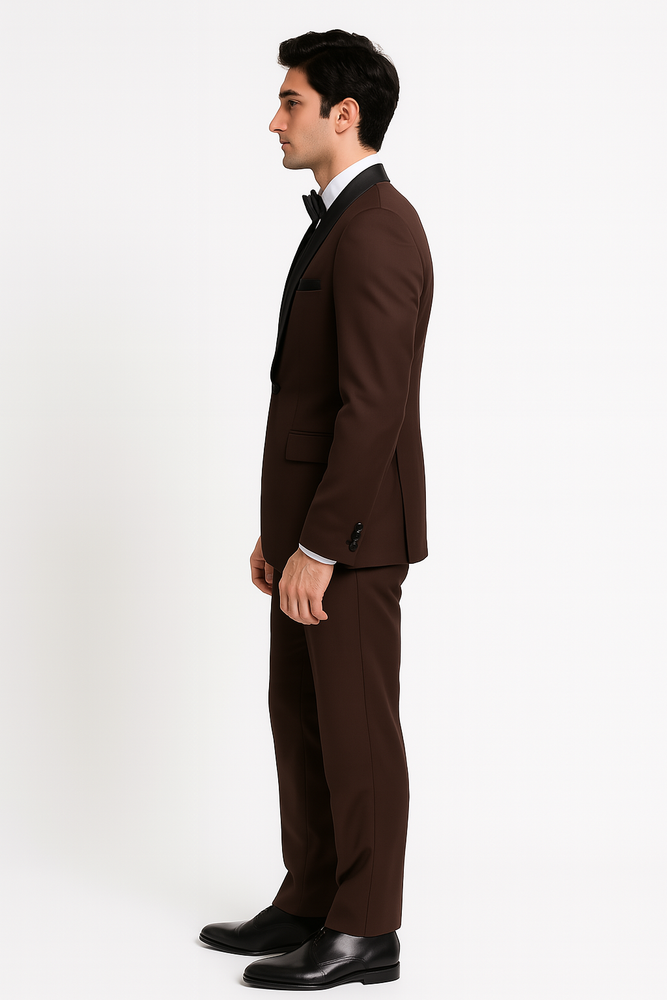 Mens Chocolate Brown Tuxedo with Black Satin Peak Lapel – Formal Wedding and Prom Suit