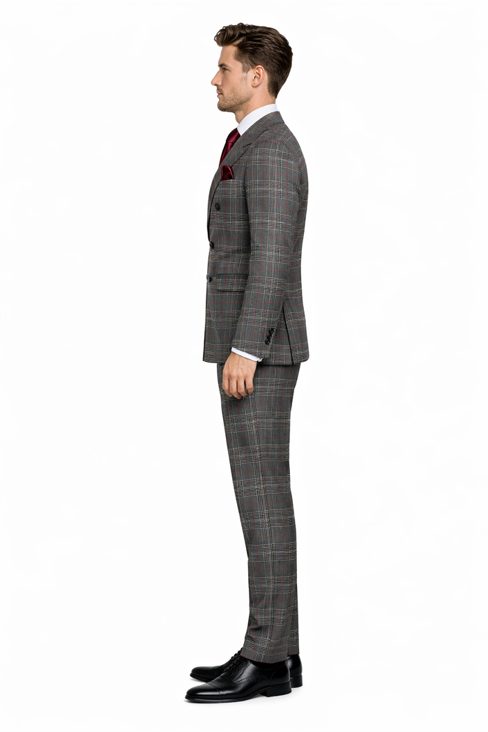 Mens Rossiman Grey Plaid Double Breasted Suit – Modern 6-Button Tailored Fit