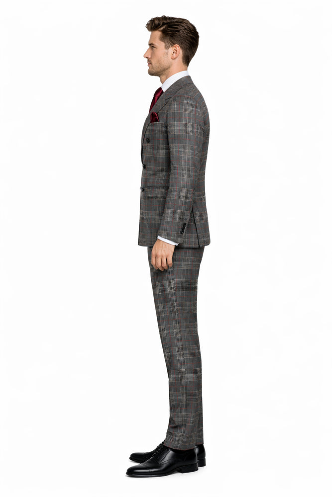 Mens Rossiman Grey Plaid Double Breasted Suit – Modern 6-Button Tailored Fit