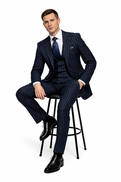 Rossiman Chancellor Navy Pinstripe 3-Piece Prestige Suit