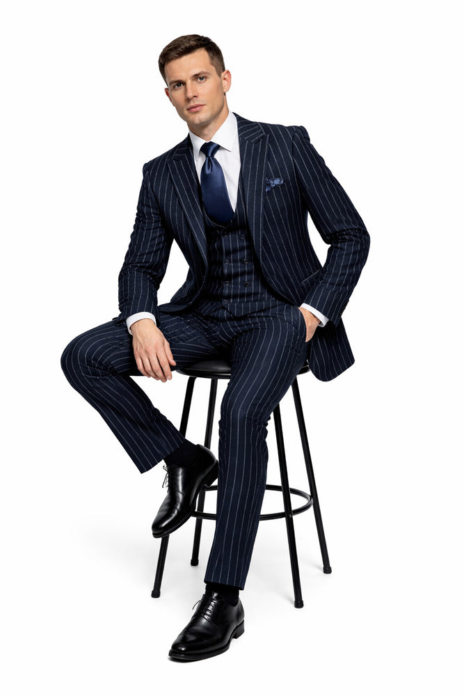 Rossiman Chancellor Navy Pinstripe 3-Piece Prestige Suit
