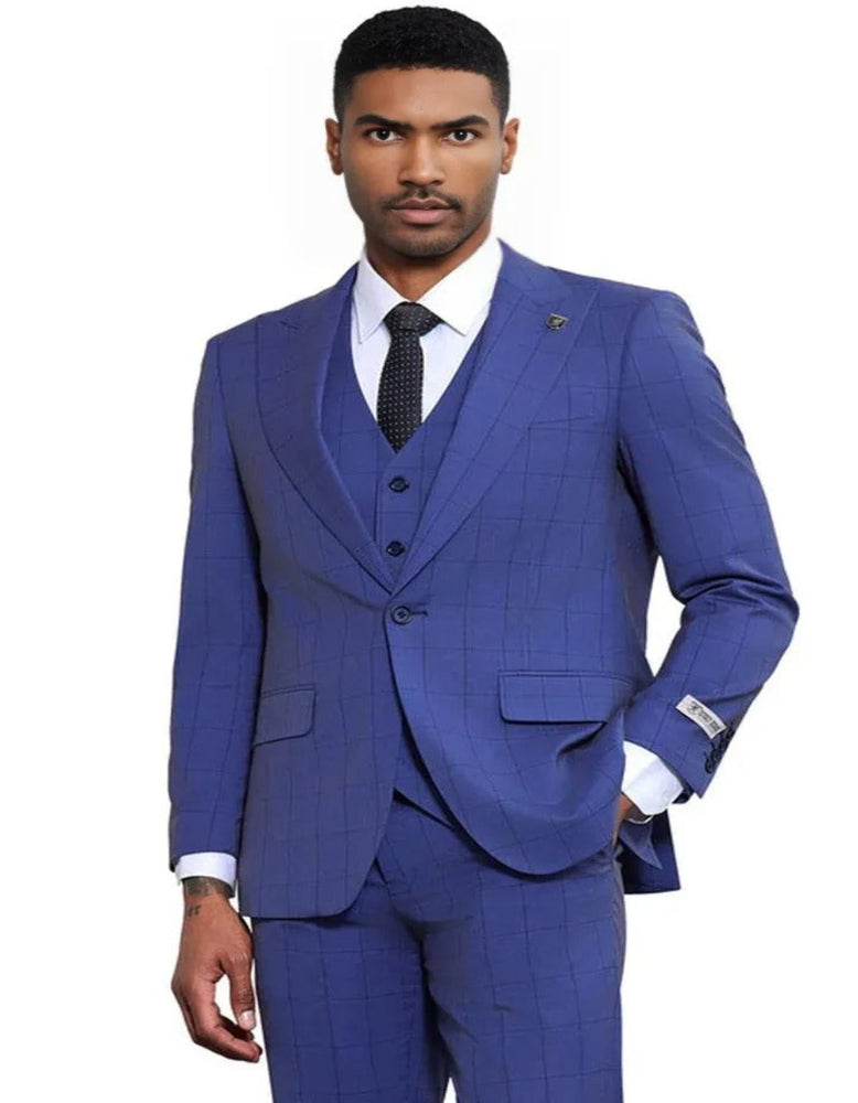 Men's Stacy Adams Modern Fit Vested Tonal Windowpane Plaid French Blue Suit