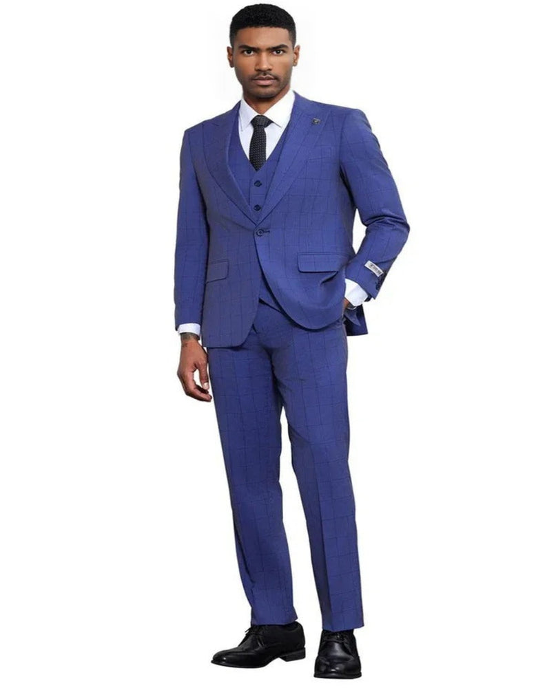 Men's Stacy Adams Modern Fit Vested Tonal Windowpane Plaid French Blue Suit