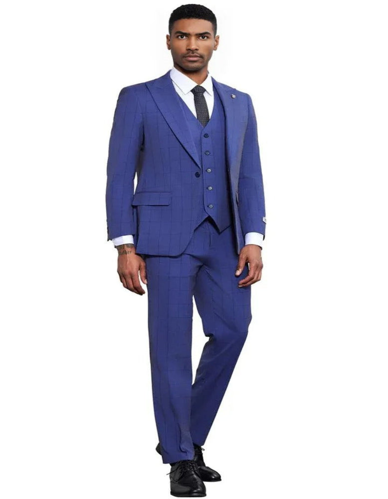 Men's Stacy Adams Modern Fit Vested Tonal Windowpane Plaid French Blue Suit
