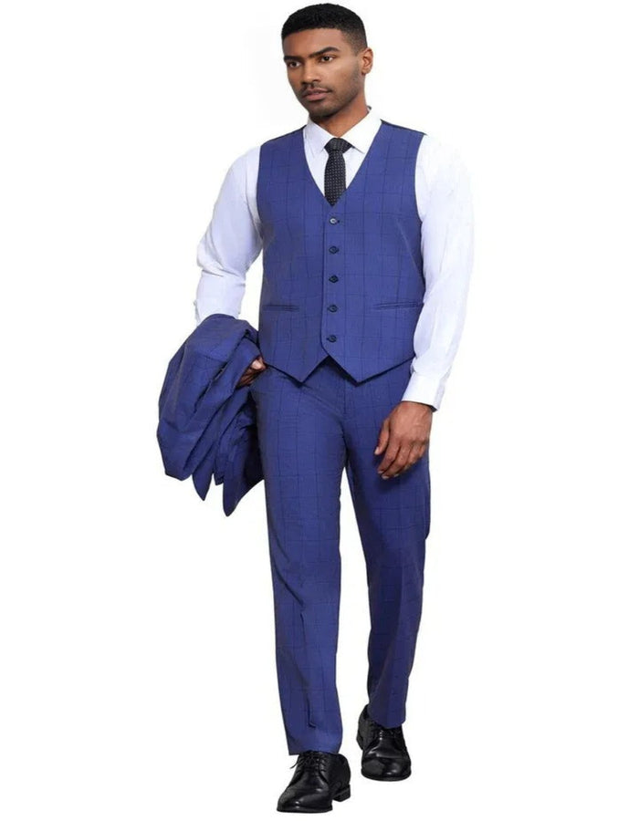 Men's Stacy Adams Modern Fit Vested Tonal Windowpane Plaid French Blue Suit