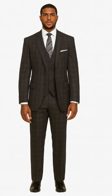 Charcoal Grey Gray Vested Three 3 Piece Windowpane Plaid Pattern Suit