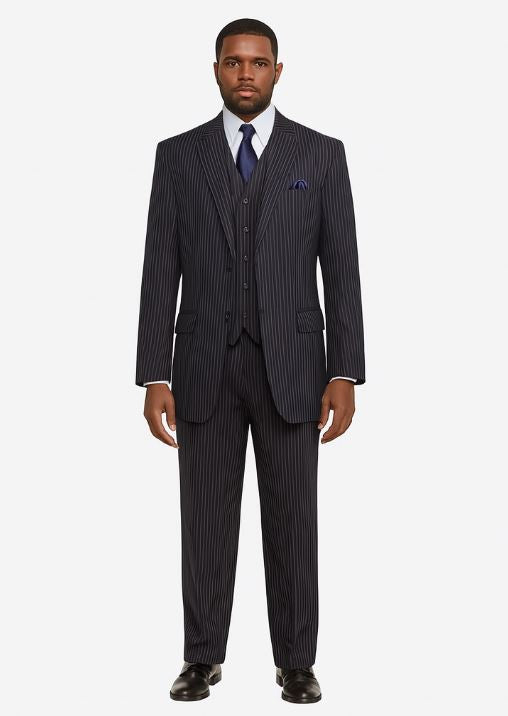 Classic Fit Pleated Pants - 2 Button Suit Pinstripe - Vested Suit 3 Pieces Suits Navy